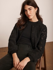 Mint Velvet Black Lace Mix Bomber Jacket - Image 1 of 8