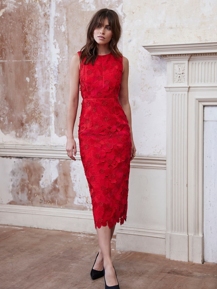 Mint Velvet Red Floral Print Lace Midi Dress - Image 1 of 8 Mint Velvet Red Floral Print Lace Midi Dress - Image 1 of 8