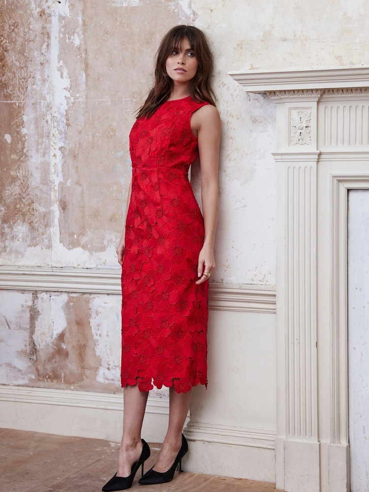 Mint Velvet Red Floral Print Lace Midi Dress - Image 2 of 8 Mint Velvet Red Floral Print Lace Midi Dress - Image 2 of 8