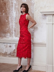 Mint Velvet Red Floral Print Lace Midi Dress - Image 4 of 8