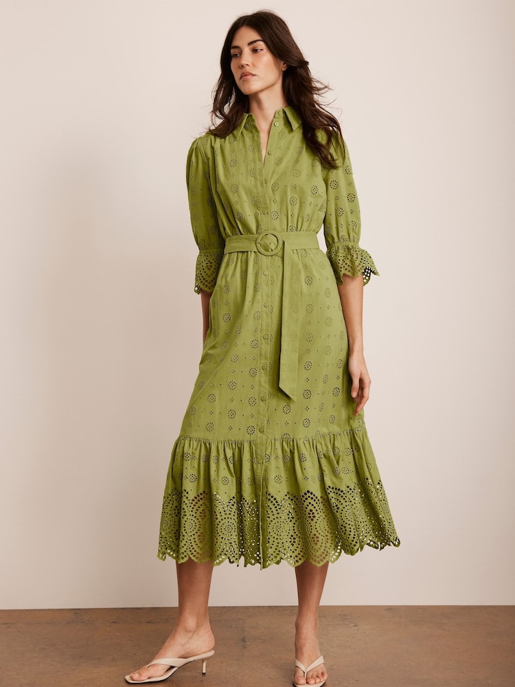 Mint Velvet Green Broderie 100% Cotton Midi Dress - Image 1 of 7