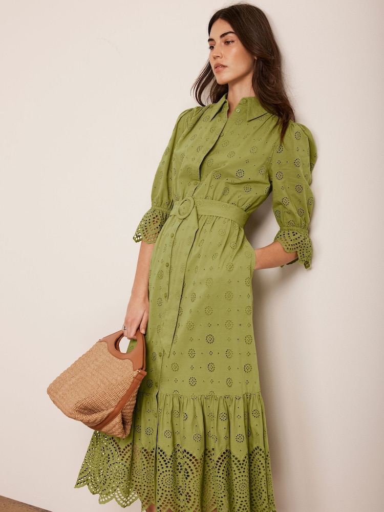 Mint Velvet Green Broderie 100% Cotton Midi Dress - Image 2 of 7