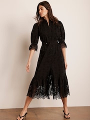 Mint Velvet Black Broderie 100% Cotton Midi Dress - Image 1 of 8