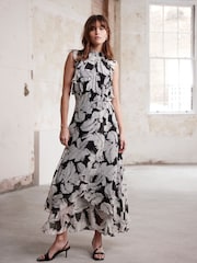 Mint Velvet Black Feather Print Midi Dress - Image 1 of 8