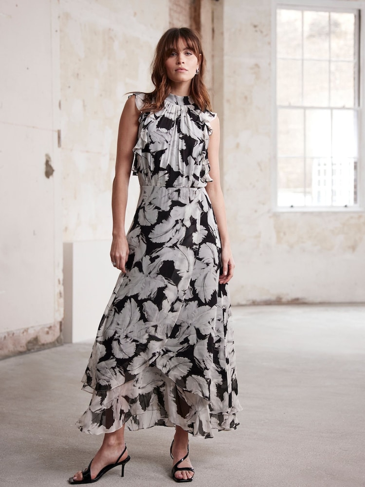 Mint Velvet Black Feather Print Midi Dress - Image 1 of 8