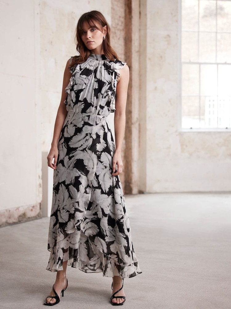 Mint Velvet Black Feather Print Midi Dress - Image 2 of 8