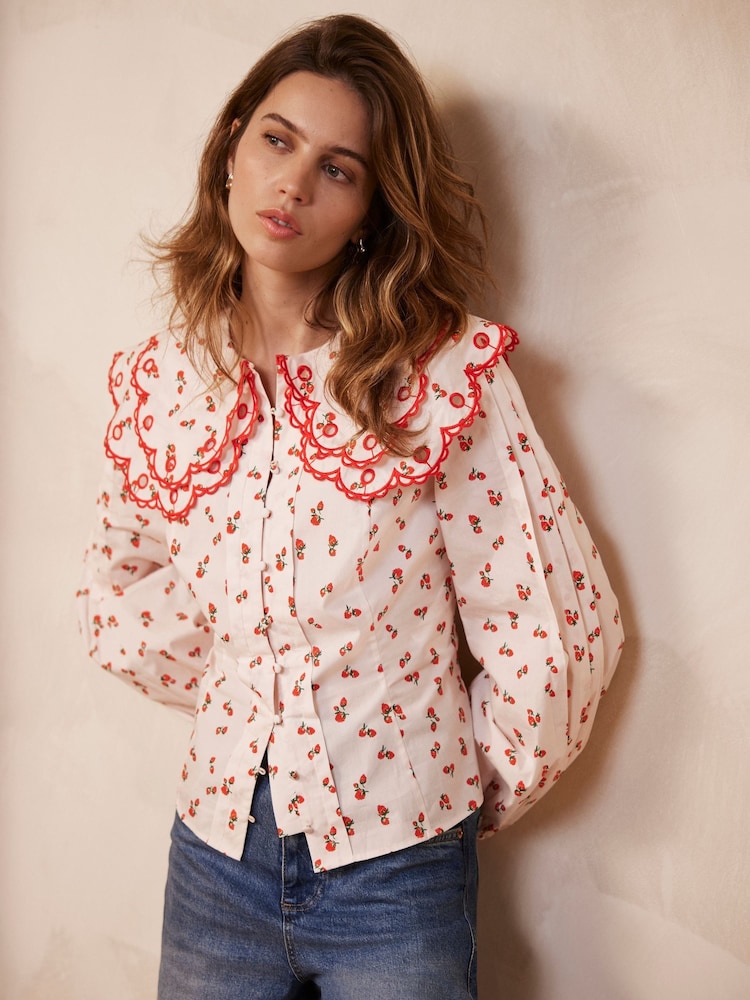 Mint Velvet Cream Strawberry Print 100% Cotton Blouse - Image 2 of 8