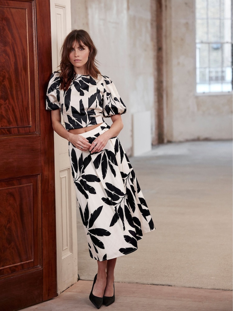 Mint Velvet Cream Palm Print Midi Skirt - Image 1 of 8