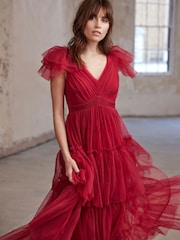 Mint Velvet Red Tulle Ruffle Maxi Dress - Image 2 of 8