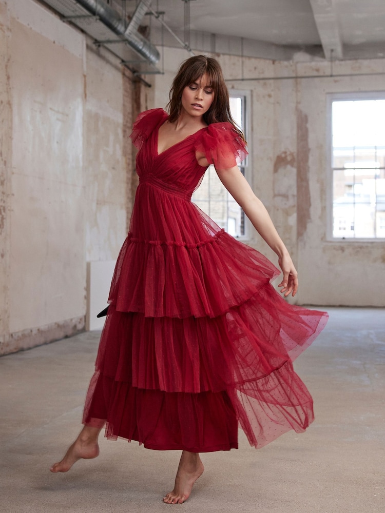 ruffle maxi dress with sleeves Veda Long Sleeve Floral Tiered Pink 24.0 Hips Barcelona Ruffle Maxi Dress -