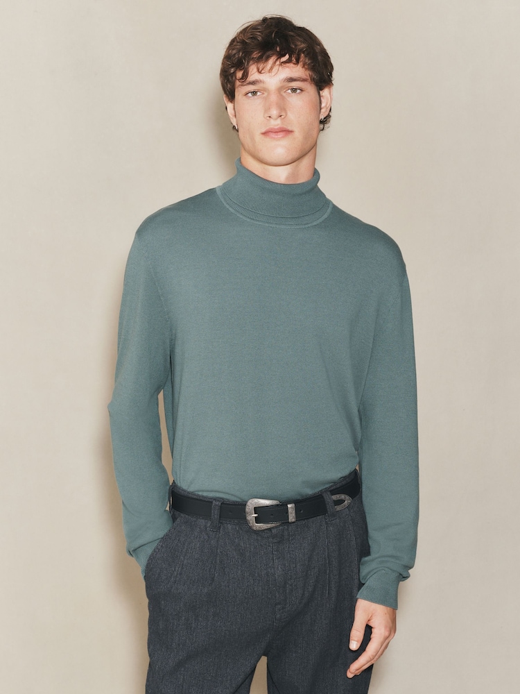 Teal Blue EDIT Knitted Long Sleeve Roll Neck Polo Shirt - Image 1 of 7 Teal Blue EDIT Knitted Long Sleeve Roll Neck Polo Shirt - Image 1 of 7