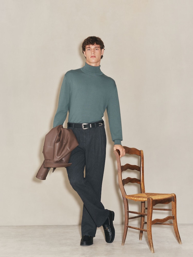 Teal Blue EDIT Knitted Long Sleeve Roll Neck Polo Shirt - Image 2 of 7 Teal Blue EDIT Knitted Long Sleeve Roll Neck Polo Shirt - Image 2 of 7