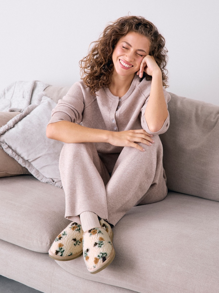 Neutral Floral Borg Shoot Slippers - Image 2 of 8