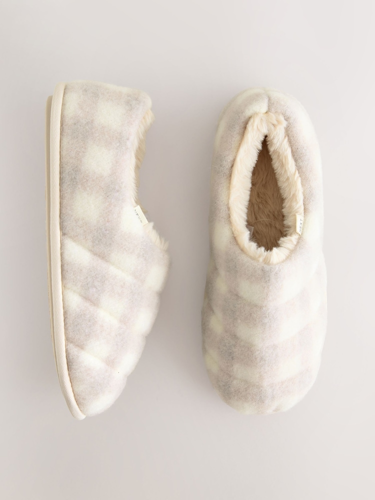 Neutral Check Quilted Faux Fur Shoot Slippers - Image 1 of 8