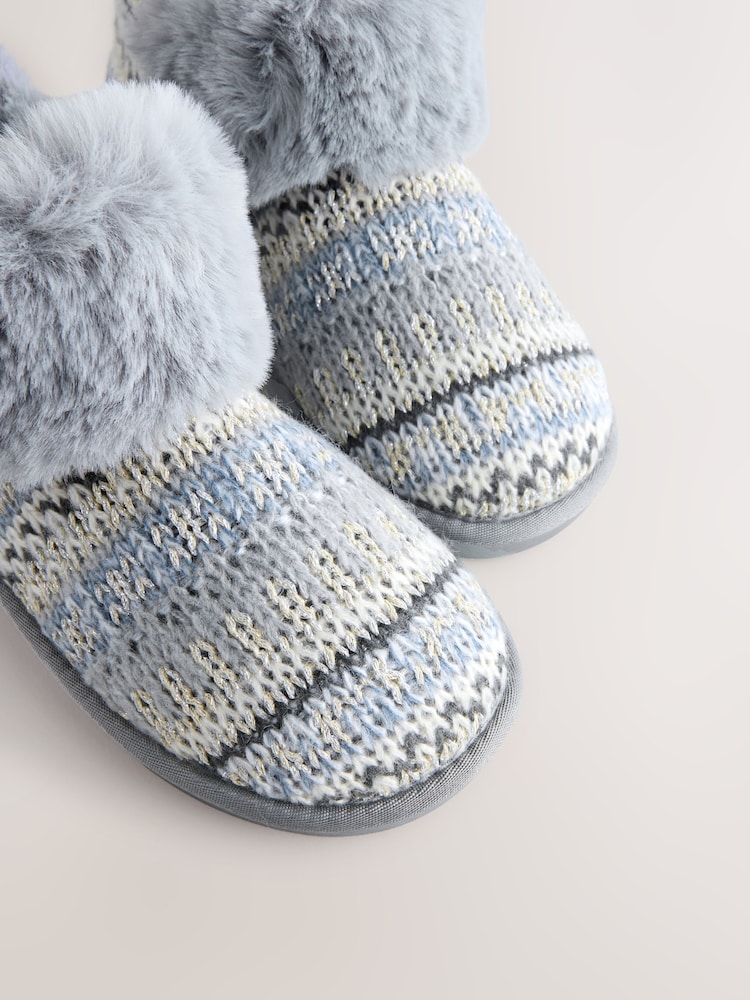 Grey Faux Fur Knit Shoot Slippers - Image 6 of 6