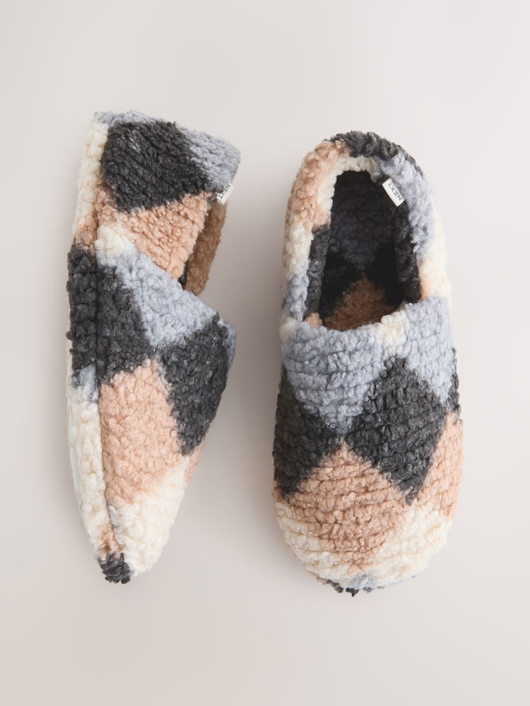 Grey Argyle Borg Shoot Slippers - Image 1 of 8