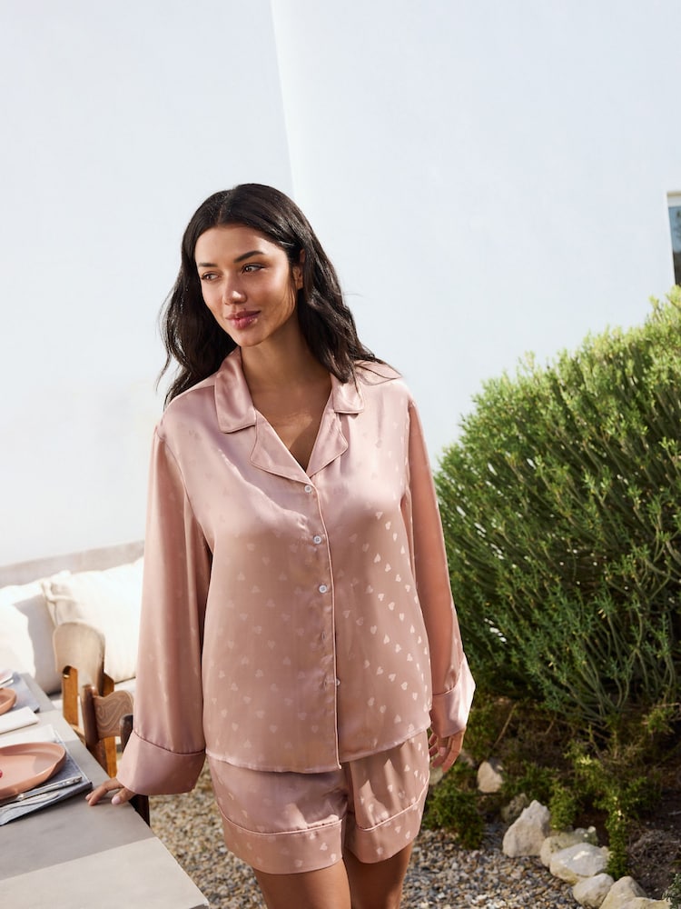 Pink Satin Jacquard Button Through Pyjamas Top - Image 1 of 9