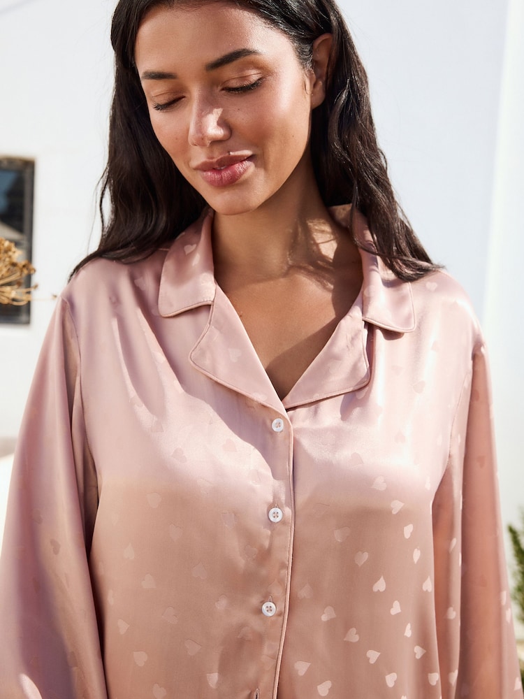 Pink Satin Jacquard Button Through Pyjamas Top - Image 3 of 3 Pink Satin Jacquard Button Through Pyjamas Top - Image 3 of 3