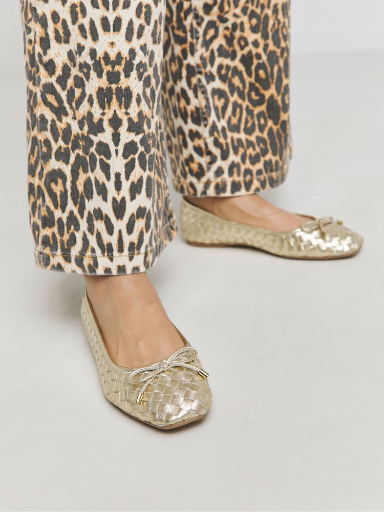 JD Williams Gold Woven Leather Ballerinas In Extra Wide Fit - Image 1 of 5
