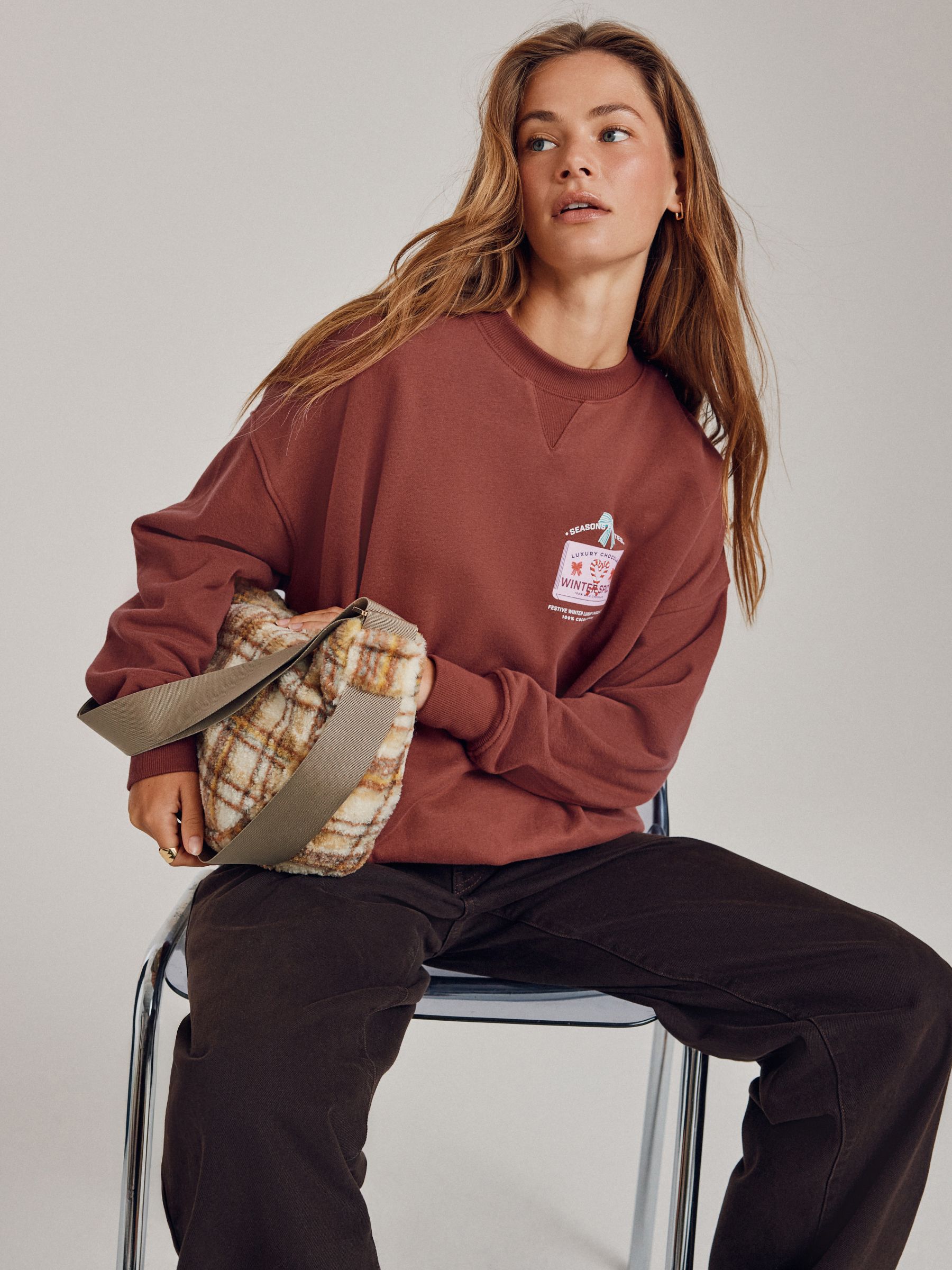 Buy Chocolate Brown Cotton Rich Graphic Christmas Seasonal