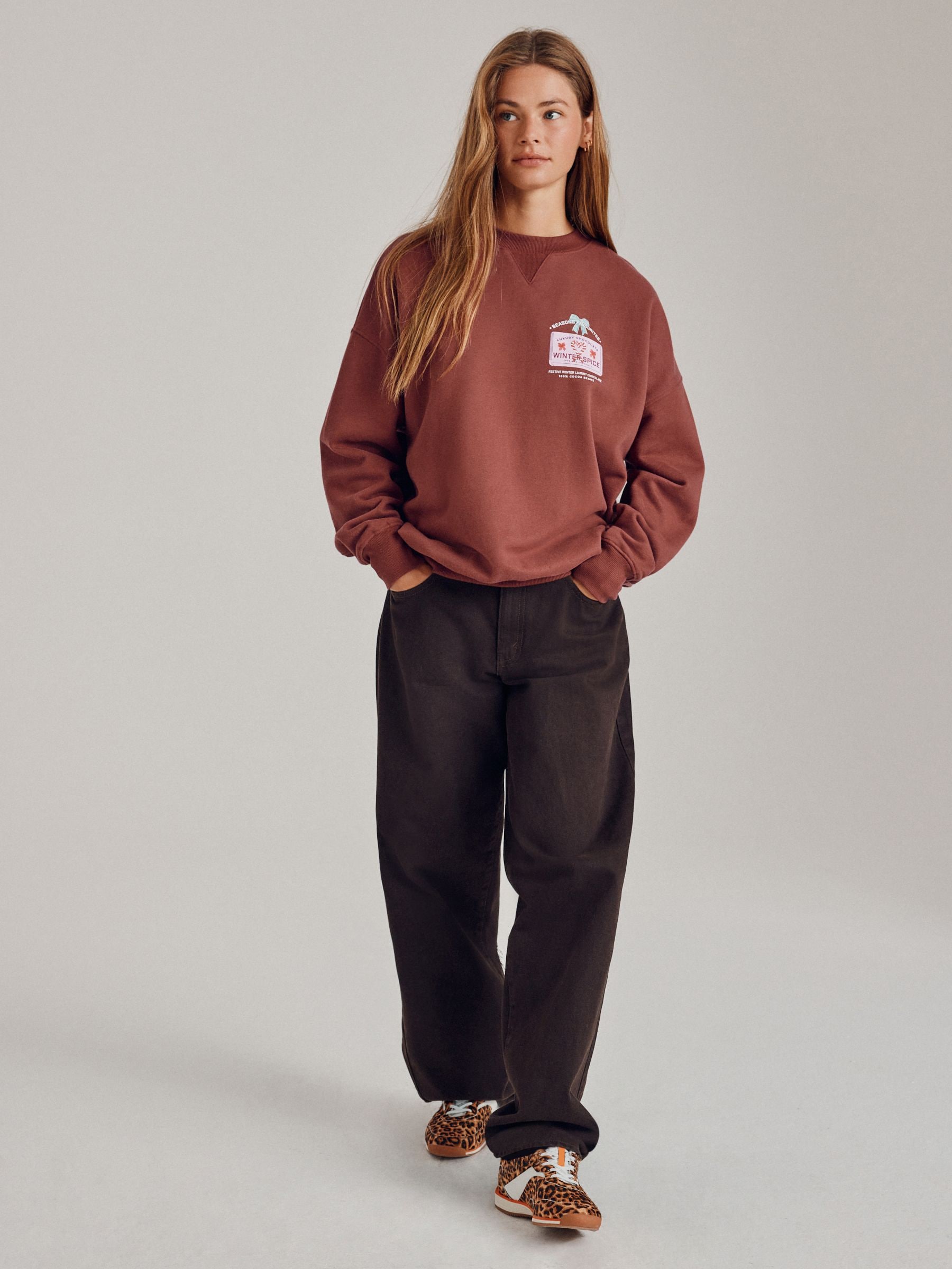 Buy Chocolate Brown Cotton Rich Graphic Christmas Seasonal