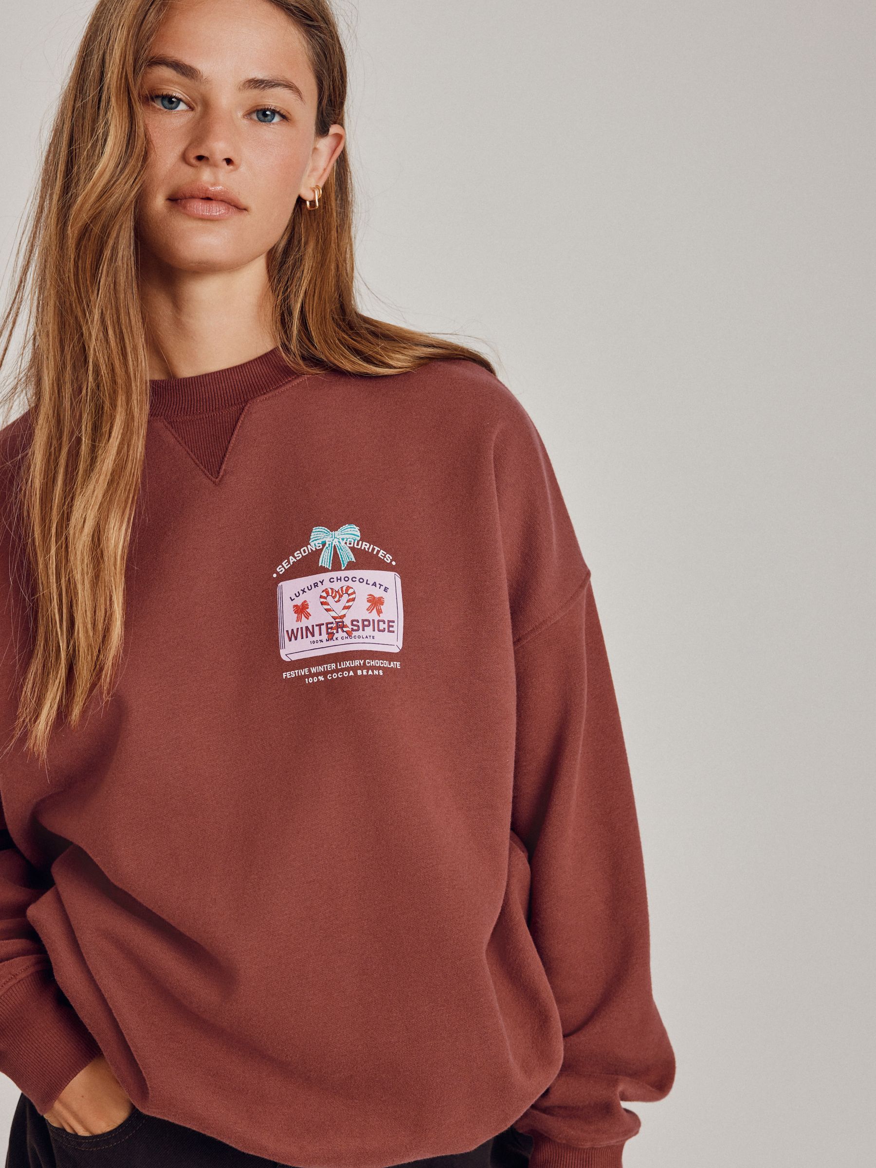 Buy Chocolate Brown Cotton Rich Christmas Graphic Long Sleeve Crew