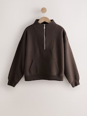 Rich Chocolate Brown Relaxed Fit Heavyweight Cotton Rich Jersey Zip Neck Sweatshirt - Image 1 of 5