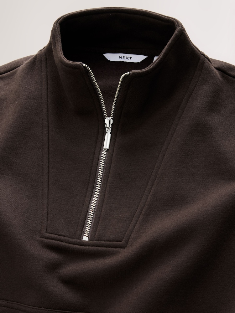 Rich Chocolate Brown Relaxed Fit Heavyweight Cotton Rich Jersey Zip Neck Sweatshirt - Image 2 of 5