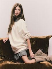 Ecru Off White Oversized Relaxed Fit Heavyweight Longline Crew Neck Sweatshirt with Seam Detailing - Image 1 of 8