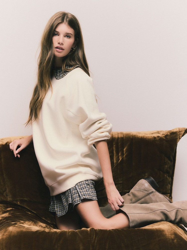 Ecru Off White Oversized Relaxed Fit Heavyweight Longline Crew Neck Sweatshirt with Seam Detailing - Image 1 of 8