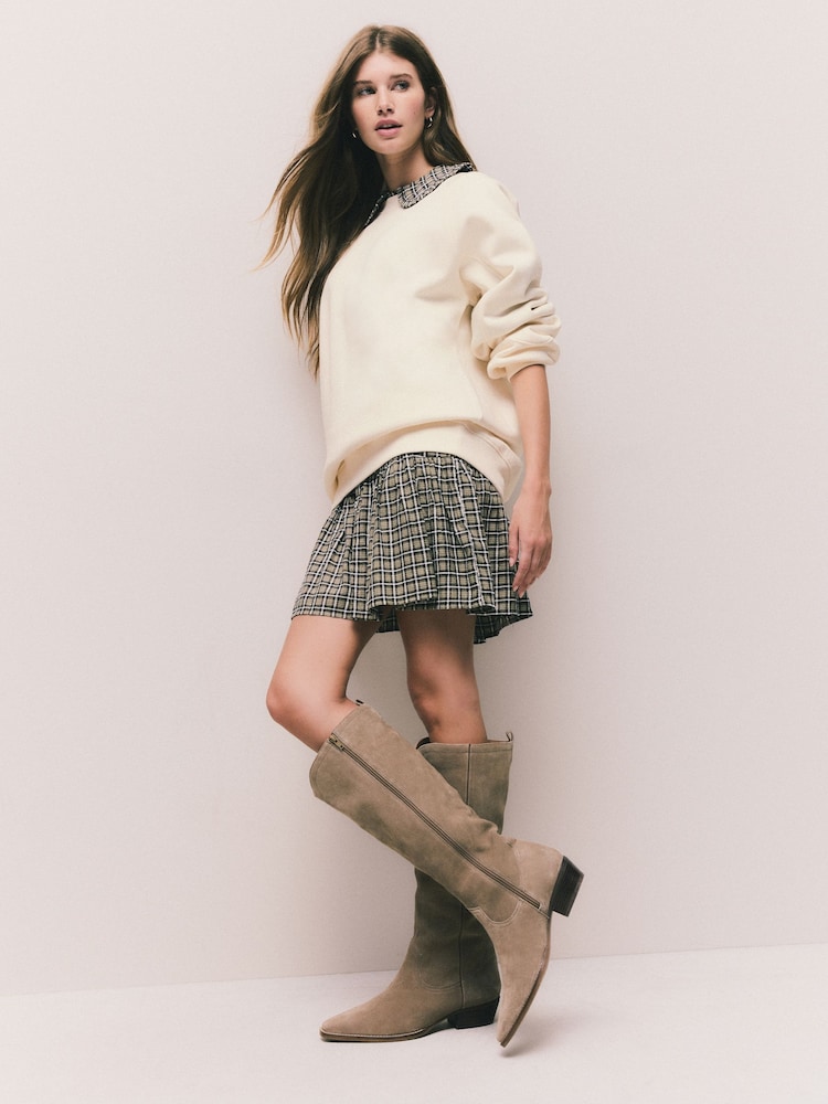 Ecru Off White Oversized Relaxed Fit Heavyweight Longline Crew Neck Sweatshirt with Seam Detailing - Image 2 of 8
