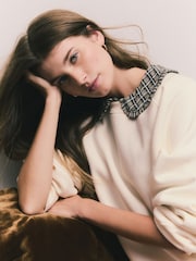 Ecru Off White Oversized Relaxed Fit Heavyweight Longline Crew Neck Sweatshirt with Seam Detailing - Image 5 of 8