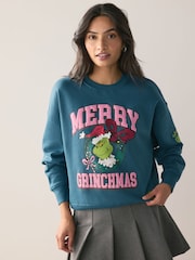 Forest Green The Grinch Official License Fun Wreath Bow Christmas Graphic Jumper Sweatshirt - Image 1 of 8