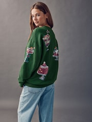 Forest Green Seasonal Graphic Christmas Food Sequin Embroided Longsleeve Crewneck Sweatshirt - Image 4 of 8