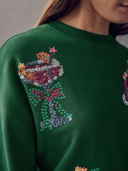 Forest Green Seasonal Graphic Christmas Food Sequin Embroided Longsleeve Crewneck Sweatshirt - Image 5 of 8