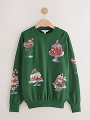 Forest Green Seasonal Graphic Christmas Food Sequin Embroided Longsleeve Crewneck Sweatshirt - Image 6 of 8