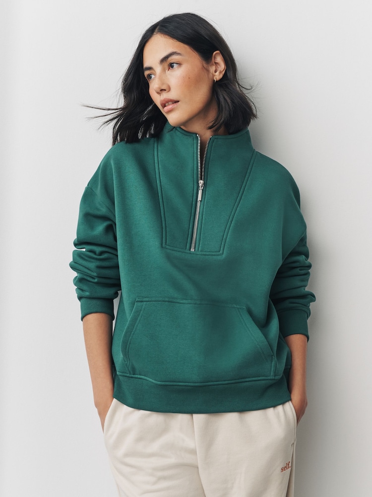 Teal Blue Relaxed Fit Heavyweight Cotton Rich Jersey Zip Neck Sweatshirt - Image 1 of 8