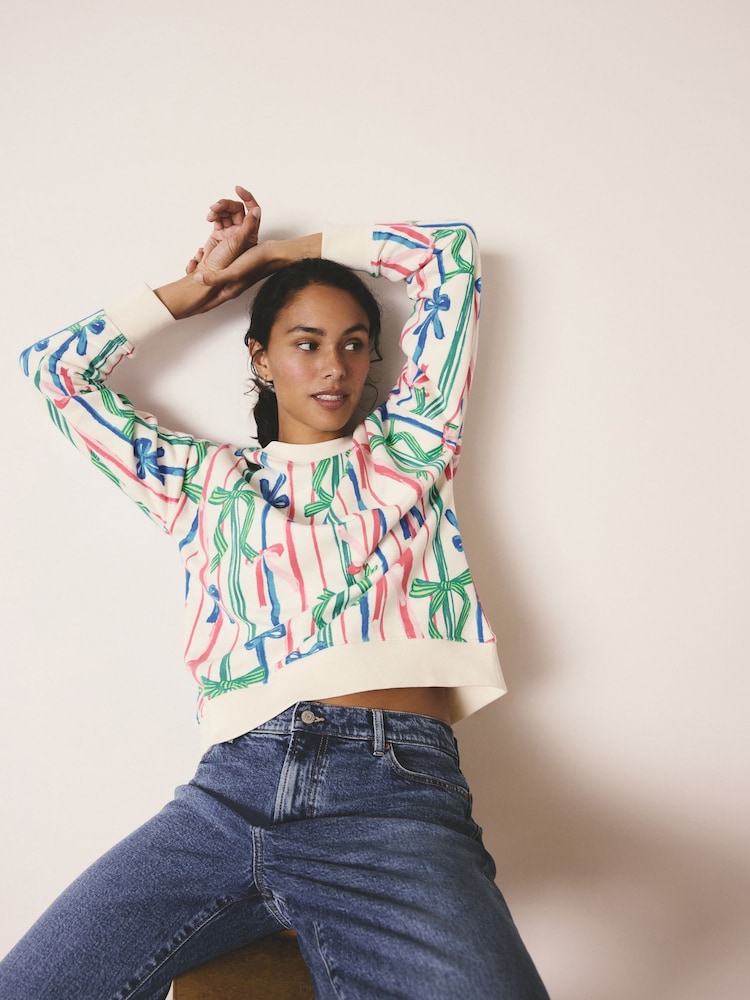Pink/Blue Seasonal Bows All Over Print Graphic Longsleeve Crewneck Sweatshirt - Image 2 of 8