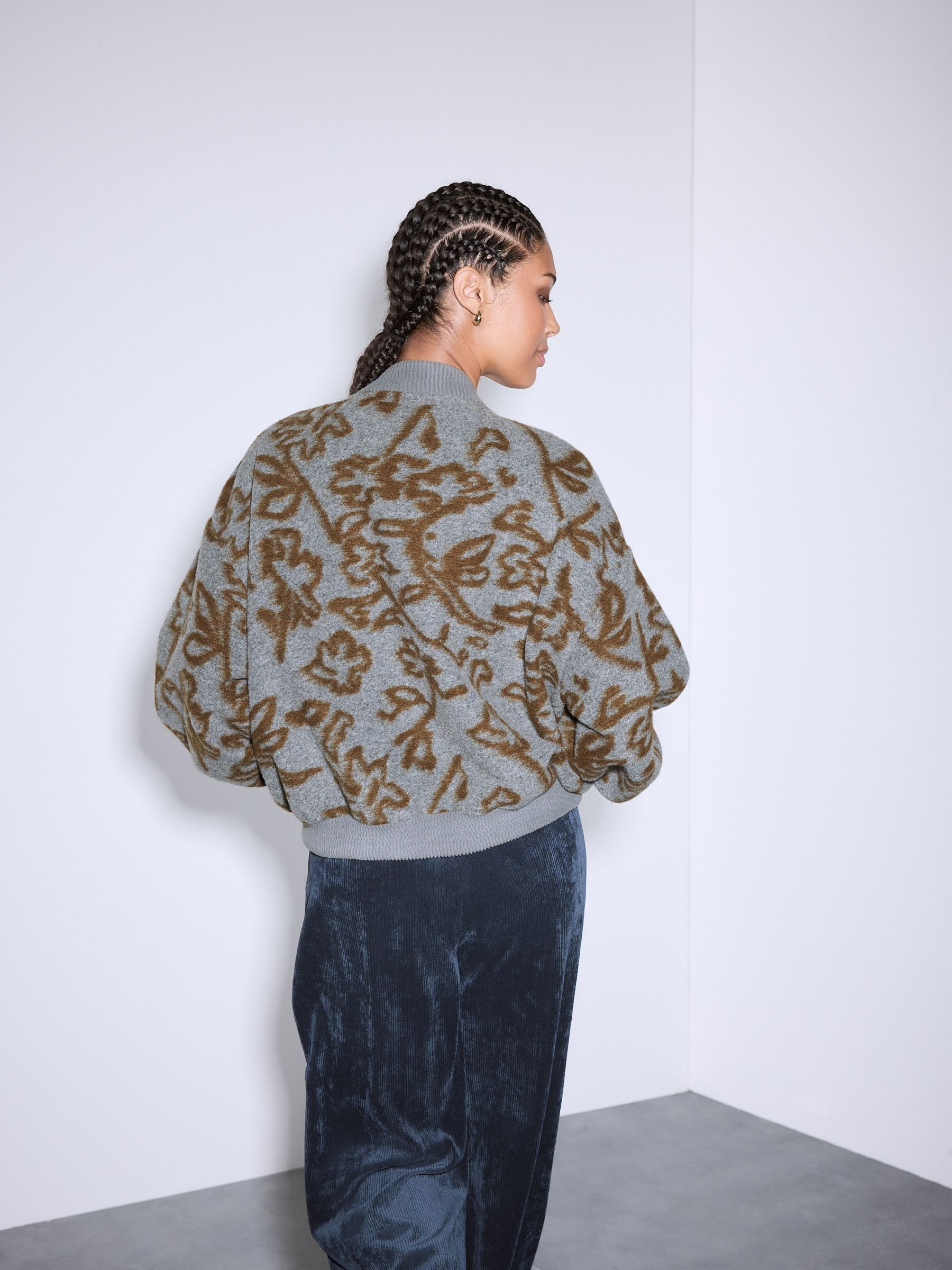 Buy Grey/Khaki Floral Ribbed Detail Brushed Bomber Jacket from