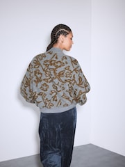 Grey Polyester Woollook Bubble Hem Ribbed Detail Bomber Jacket - Image 3 of 6