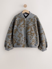 Grey Polyester Woollook Bubble Hem Ribbed Detail Bomber Jacket - Image 4 of 6