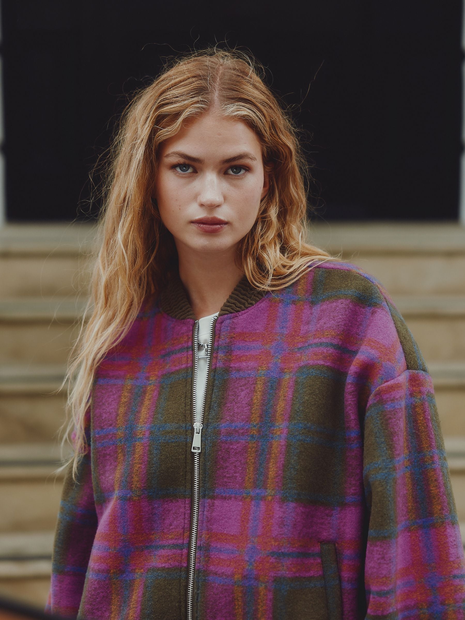 Buy Olive Green/Pink Check Ribbed Detail Brushed Bomber Jacket