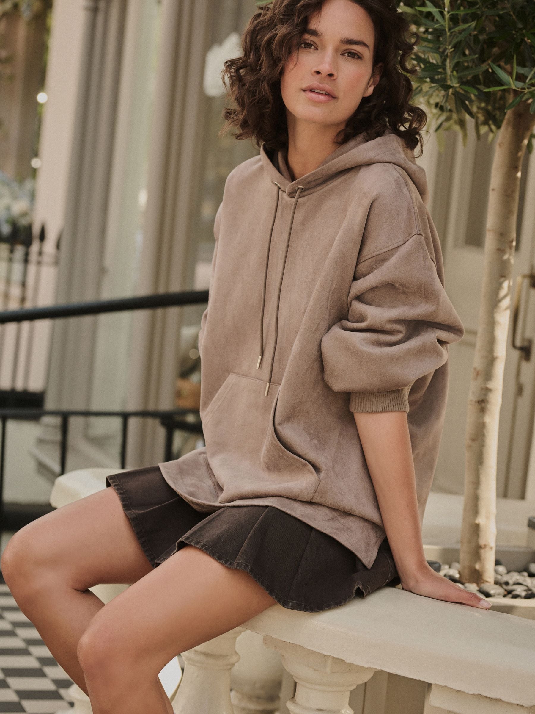 Buy Taupe Brown Soft Faux Suede Drawstring Longsleeve Hoodie from