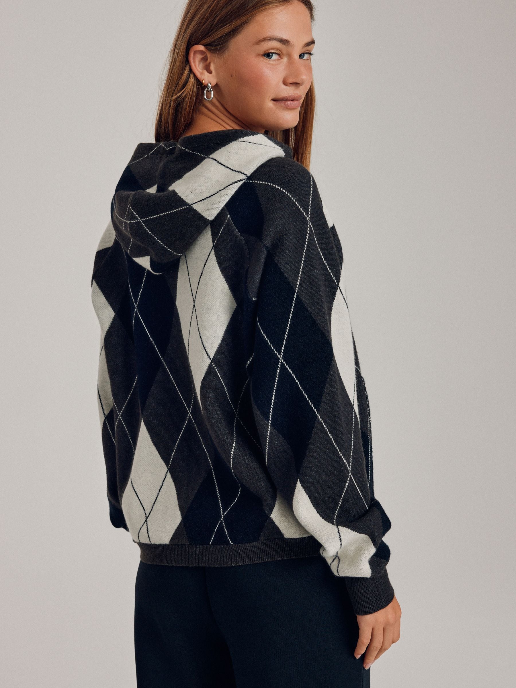 Buy Monochrome Argyle Compact Cosy Zip Through Hooded Long Sleeve