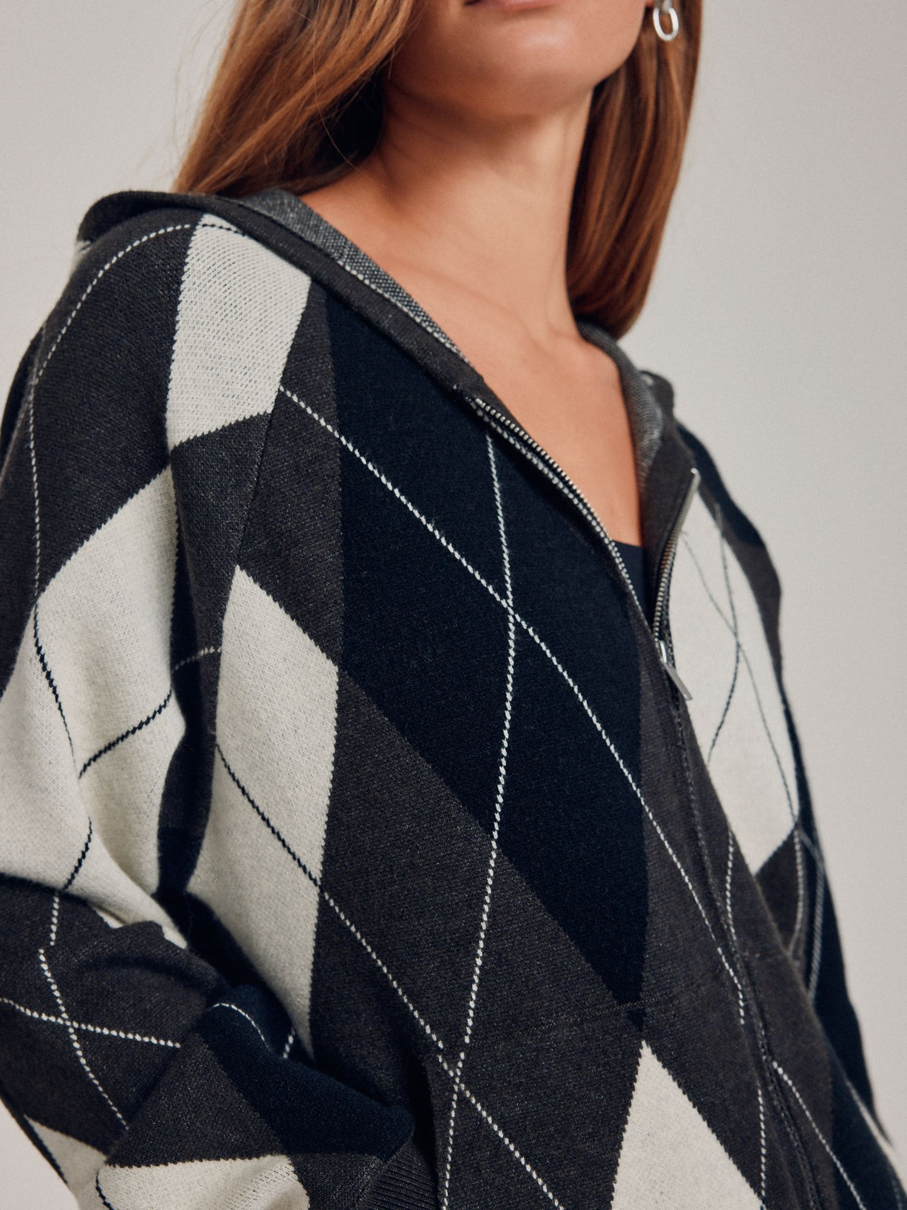 Buy Monochrome Argyle Compact Cosy Zip Through Hooded Long Sleeve