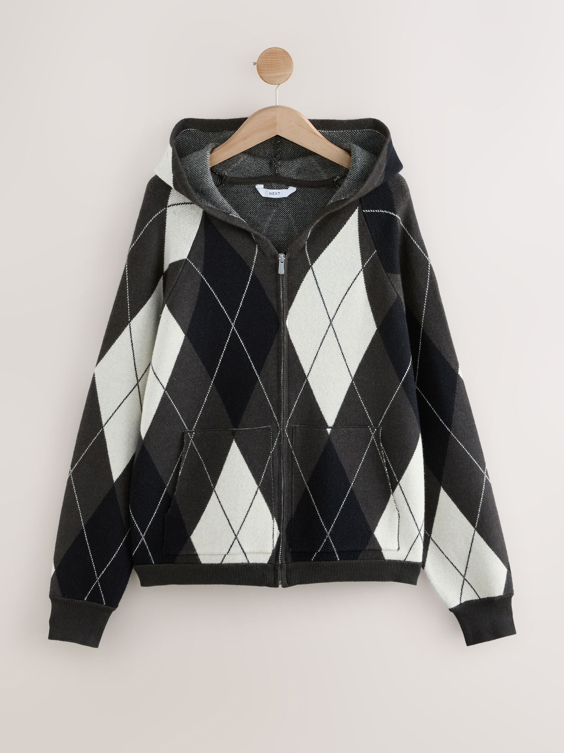 Buy Monochrome Argyle Compact Cosy Zip Through Hooded Long Sleeve