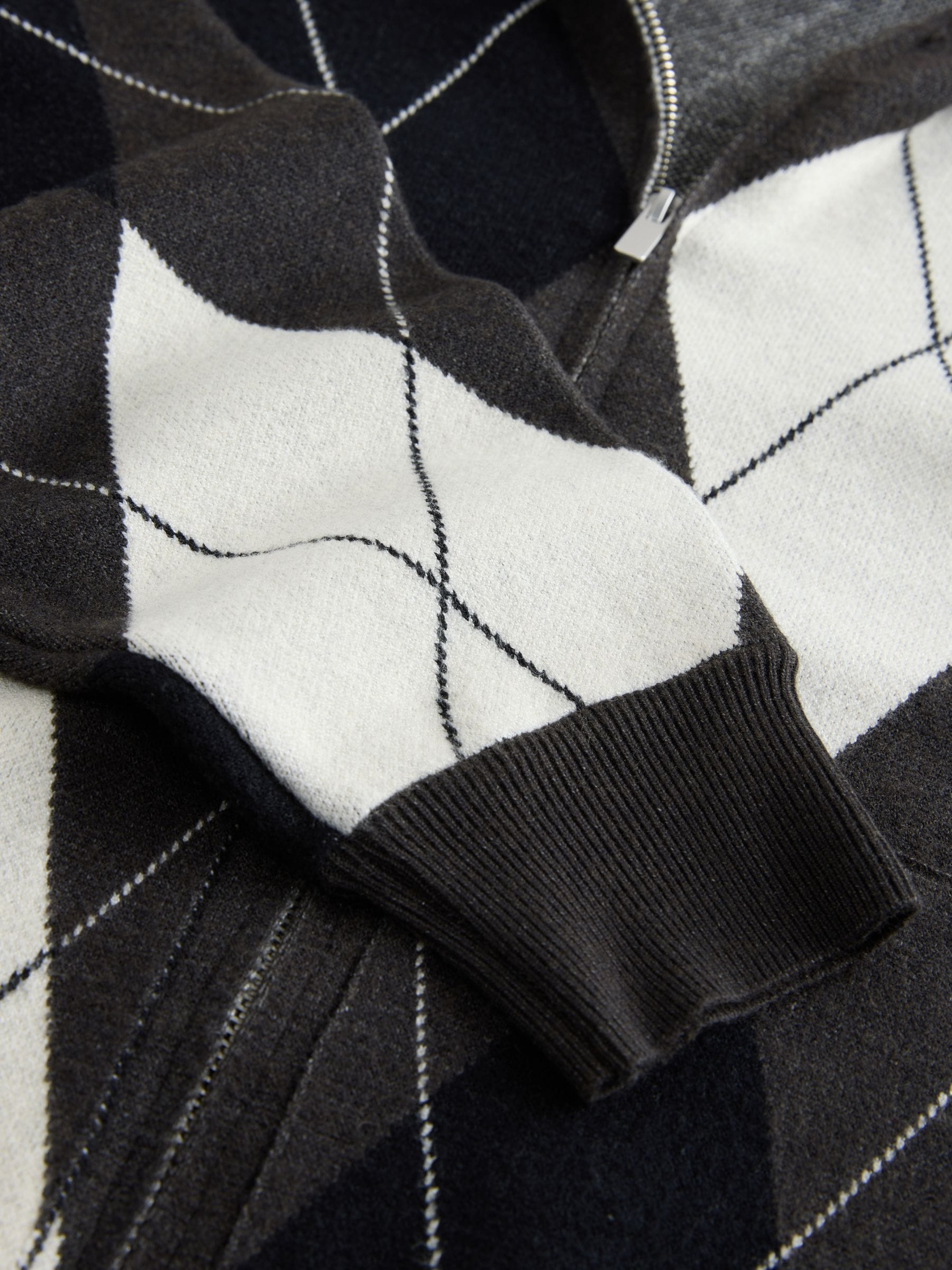 Buy Monochrome Argyle Compact Cosy Zip Through Hooded Long Sleeve