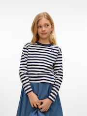 VERO MODA Blue Girls Long Sleeve Cropped Stripe Jersey T-Shirt - Image 1 of 3