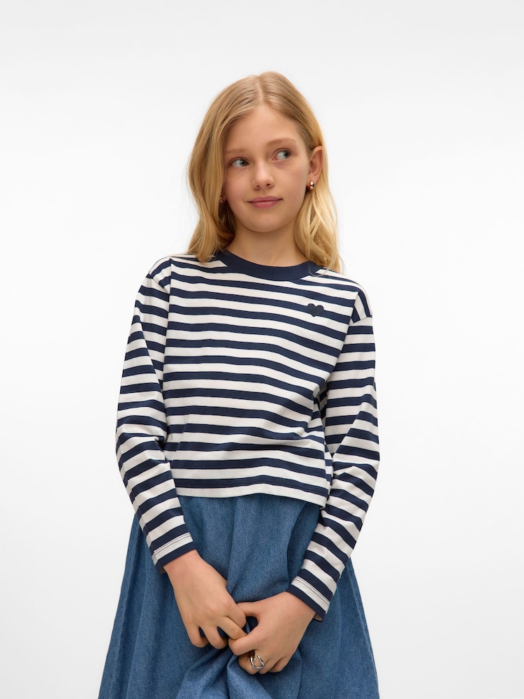 VERO MODA Blue Girls Long Sleeve Cropped Stripe Jersey T-Shirt - Image 1 of 3