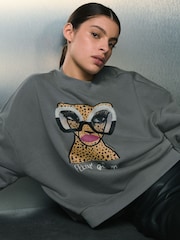 Charcoal Grey Leapord Print Feeling Glam' Longsleeve Crewneck Sweatshirt - Image 4 of 10